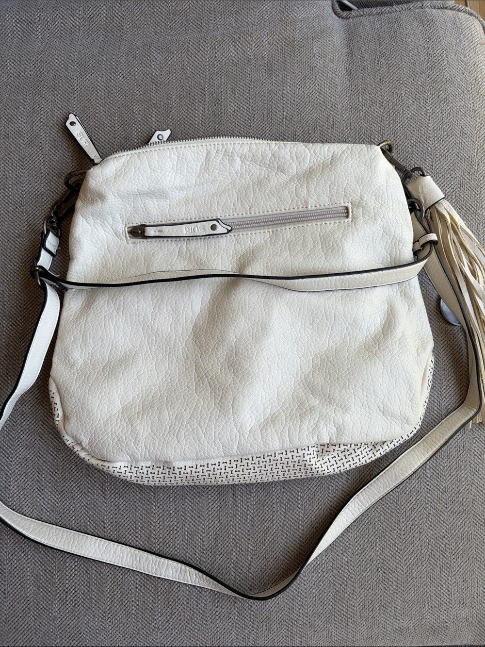 BOSS White Leather Crossbody Bag with Tassel